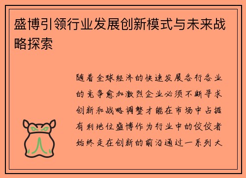 盛博引领行业发展创新模式与未来战略探索