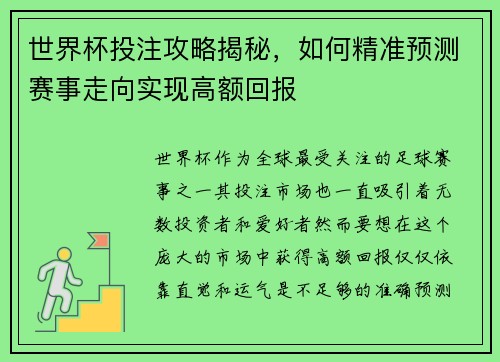 世界杯投注攻略揭秘，如何精准预测赛事走向实现高额回报