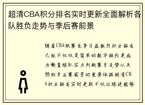 超清CBA积分排名实时更新全面解析各队胜负走势与季后赛前景